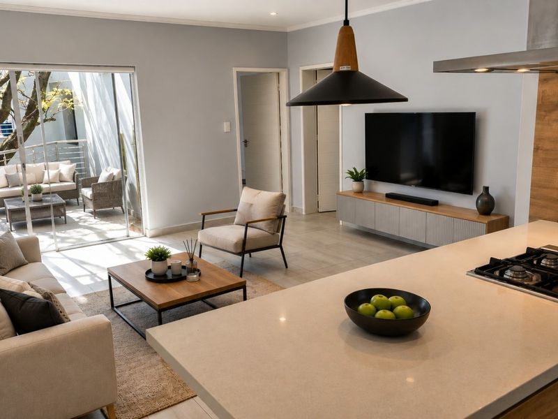 Modern open-plan living area featuring a sleek kitchen with stone island, gas hob, and seamless flow to an outdoor patio through large sliding doors.