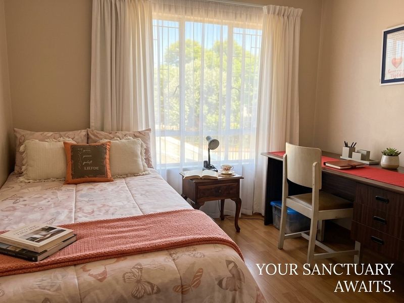 A cozy bedroom featuring laminate flooring and a large window with security bars, providing natural light and a pleasant view.