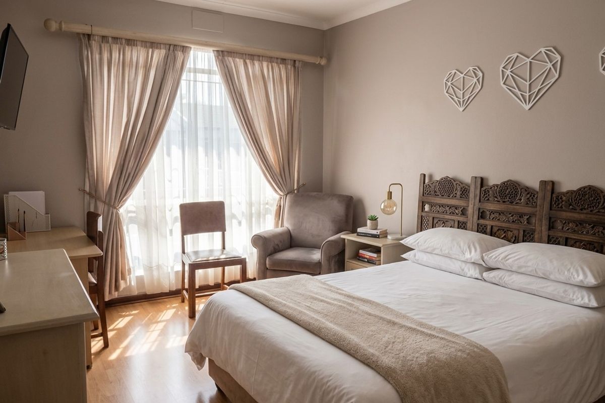 A well-lit bedroom featuring laminate flooring, neutral wall tones, and a large window with curtain fixtures, creating a comfortable and inviting living space.