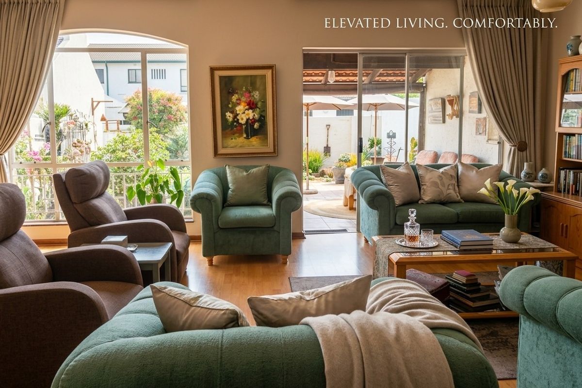 A comfortable living room featuring laminate flooring, large windows, and sliding glass doors that provide direct access to the outdoor patio area.