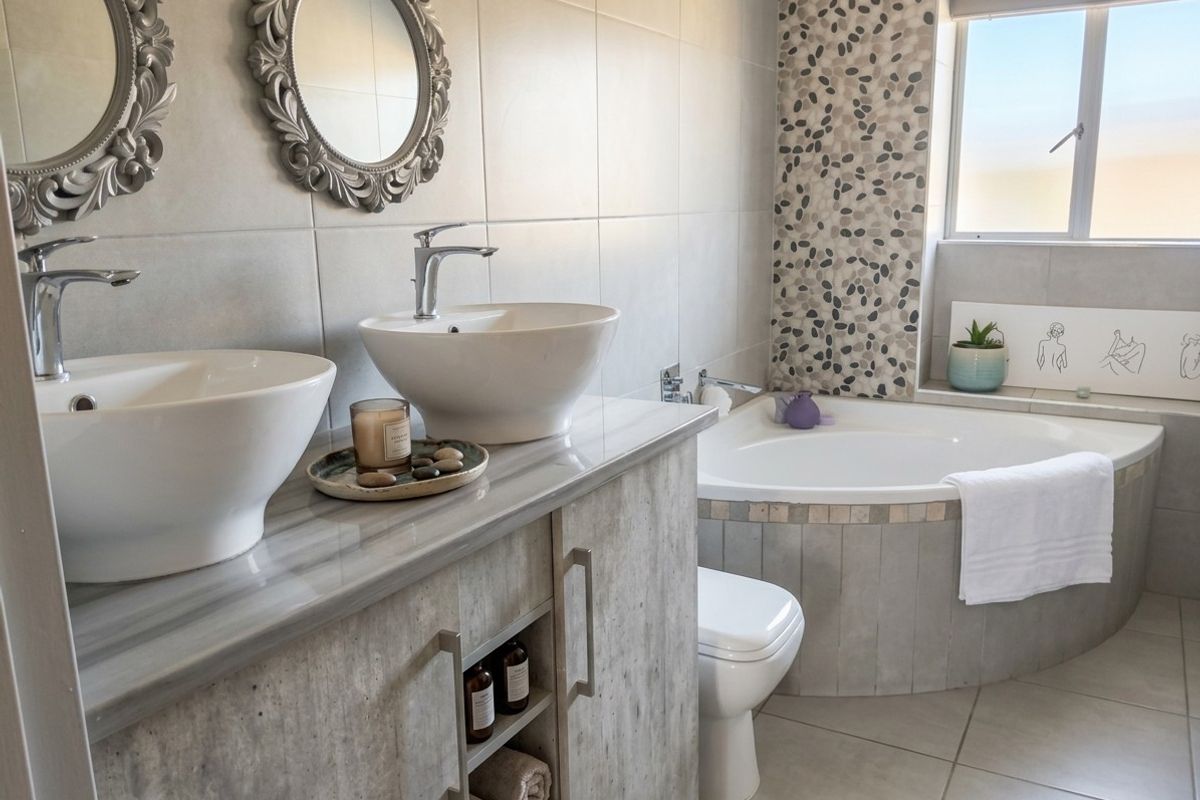 Modern bathroom featuring a double vanity with vessel sinks, a corner bathtub, and contemporary tiled finishes.
