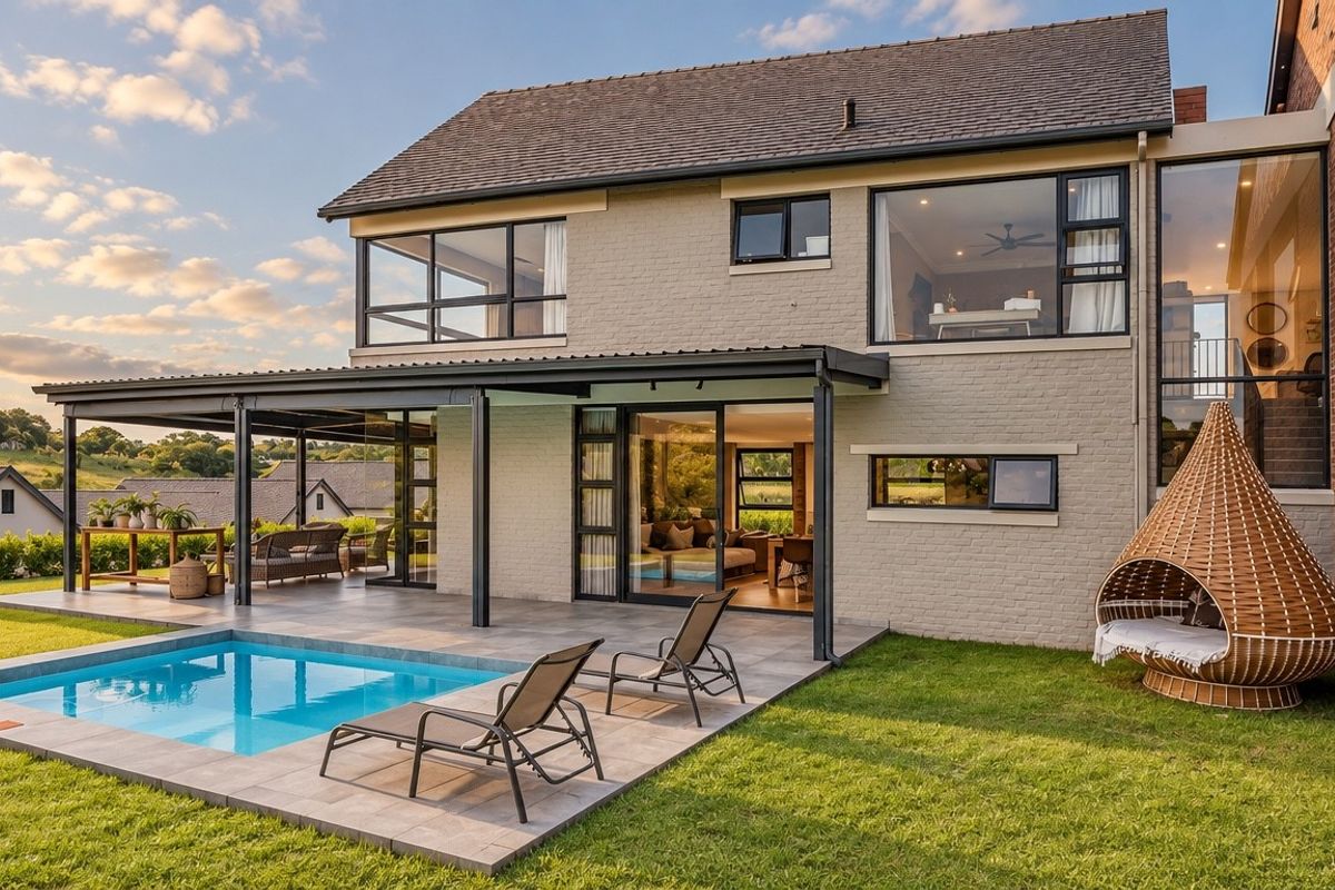 Rear view of a modern two-story home featuring a covered patio, a swimming pool, and large windows overlooking a landscaped garden.