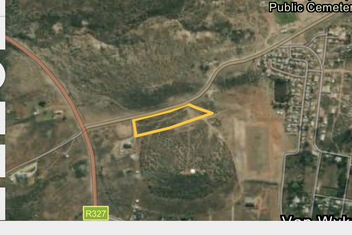 An aerial satellite view showing the property boundary outline in a rural landscape setting near the R327 road.