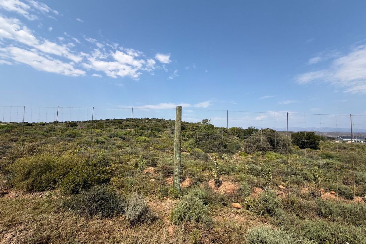 A wide-angle view of the farm landscape featuring natural vegetation and perimeter wire mesh fencing with wooden support posts.