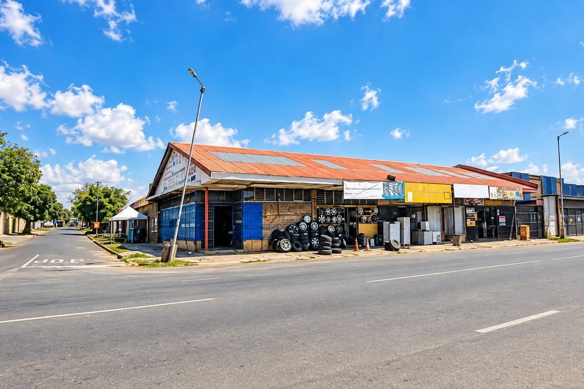 Street-level view of a commercial property featuring a corrugated metal roof, brick facade, and multiple storefront access points along a main road.