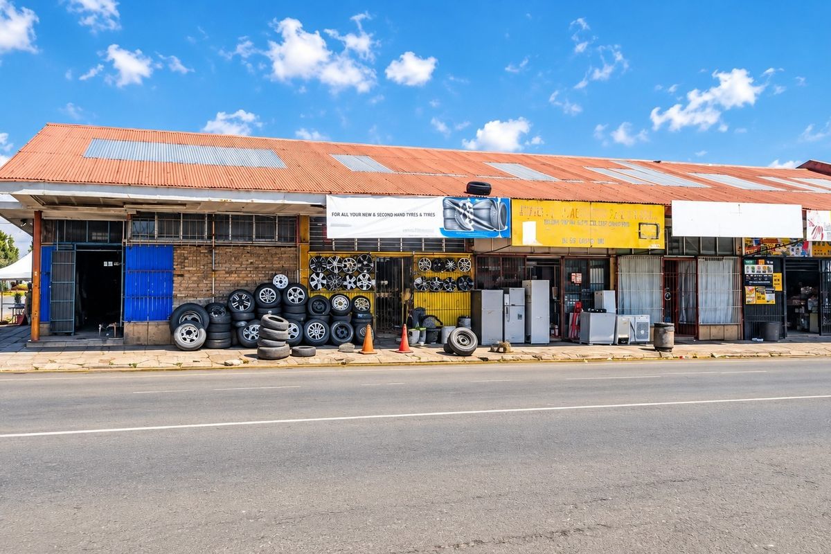 Commercial street-front property featuring a corrugated metal roof, brick facade, and multiple shopfront access points with security gates.