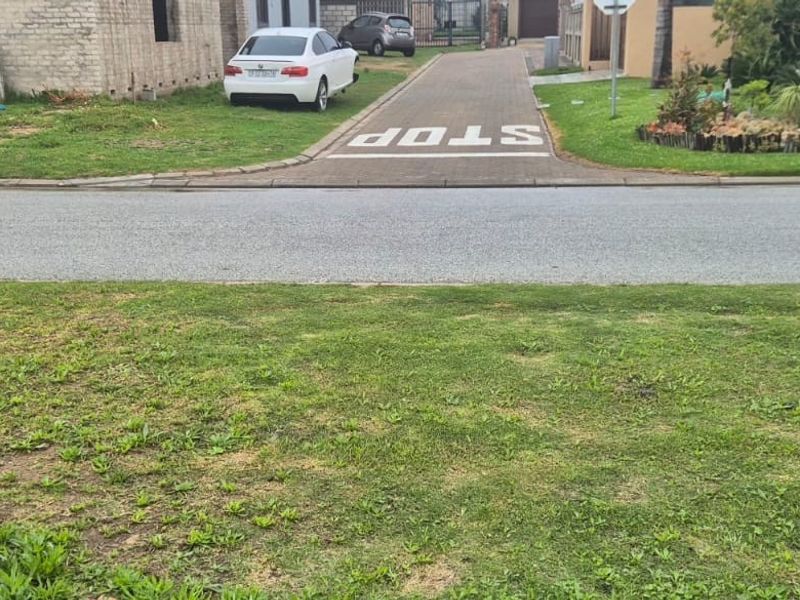 A street-level view of a residential property frontage showing a paved driveway entrance, grass verge, and surrounding neighborhood context.