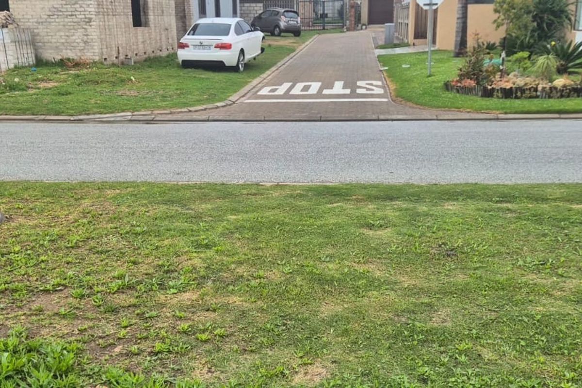 A street-level view of a residential property frontage showing a paved driveway entrance, grass verge, and surrounding neighborhood context.