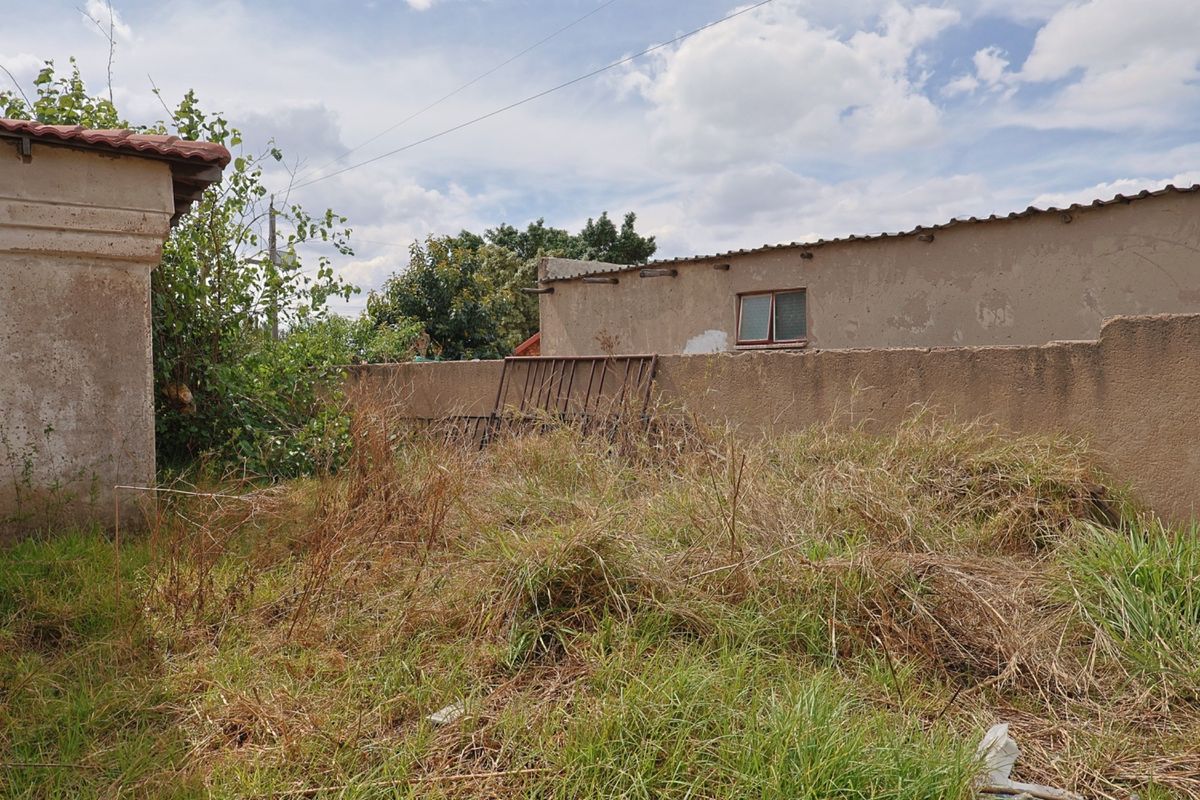 Rear exterior view of the property showing a weathered boundary wall and overgrown garden area with existing structural masonry.