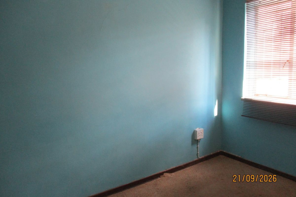 An empty bedroom featuring blue painted walls, a window with venetian blinds, and carpeted flooring.