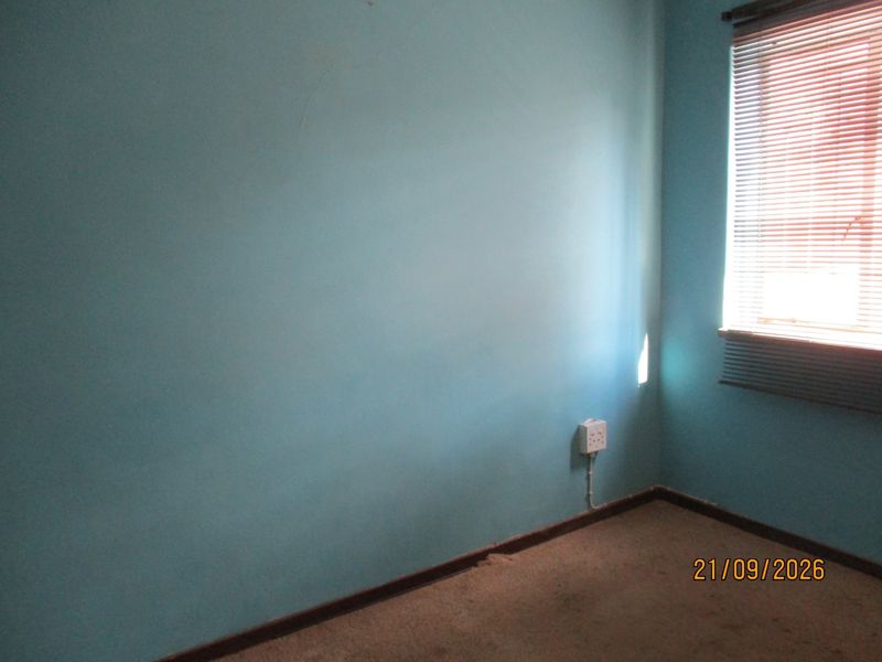 An empty bedroom featuring blue painted walls, a window with venetian blinds, and carpeted flooring.