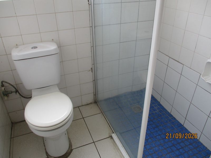 A functional bathroom featuring a standard toilet and a separate shower enclosure with blue tiled flooring and white wall tiles.