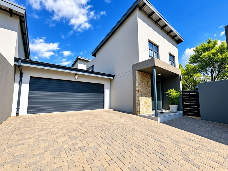 Modern townhouse exterior featuring a paved driveway, double garage, and a striking stone-clad entrance porch under a contemporary roofline.