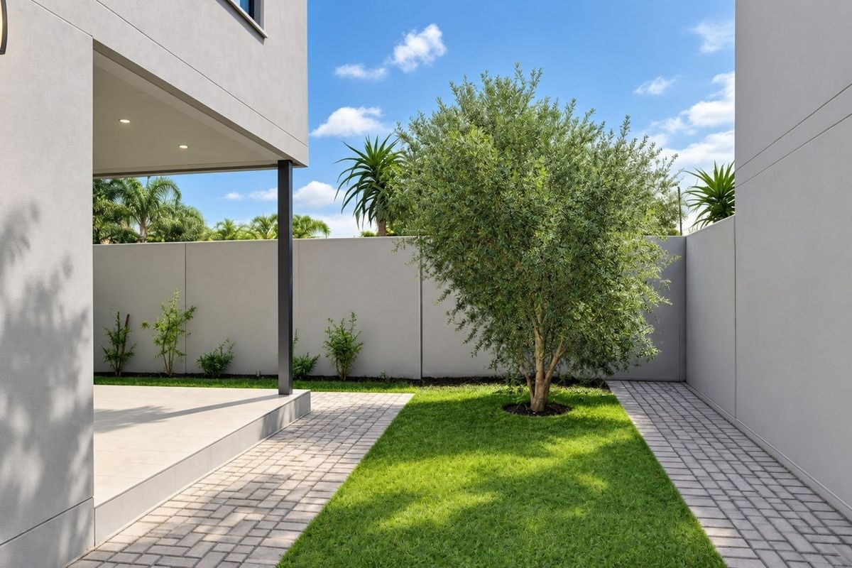 A modern, well-maintained rear courtyard featuring a paved patio, neat lawn, and clean boundary walls, providing a private and low-maintenance outdoor space.