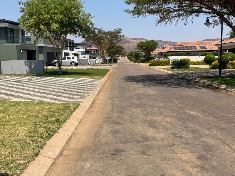 A clear street view of a well-maintained residential estate road with paved surfaces, concrete curbing, and established landscaping.