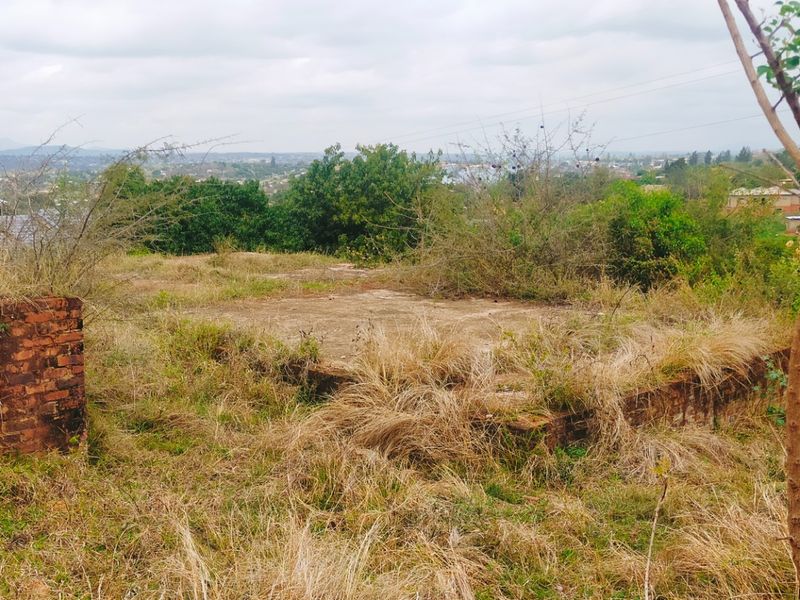 Vacant residential land featuring an existing concrete slab foundation and brick retaining wall, surrounded by overgrown vegetation with distant landscape views.