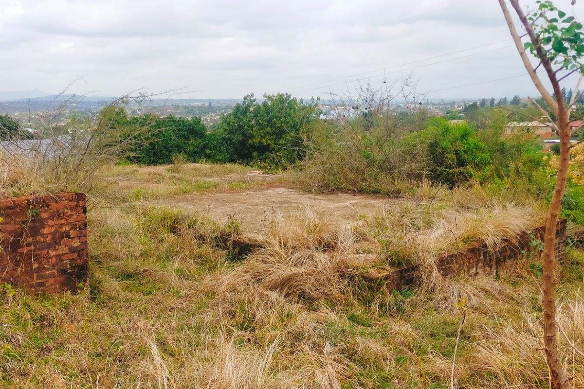 Vacant residential land featuring an existing concrete slab foundation and brick retaining wall, surrounded by overgrown vegetation with distant landscape views.