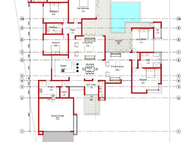Architectural floor plan showing the layout of a residential property including bedrooms, living areas, kitchen, garage, and pool.