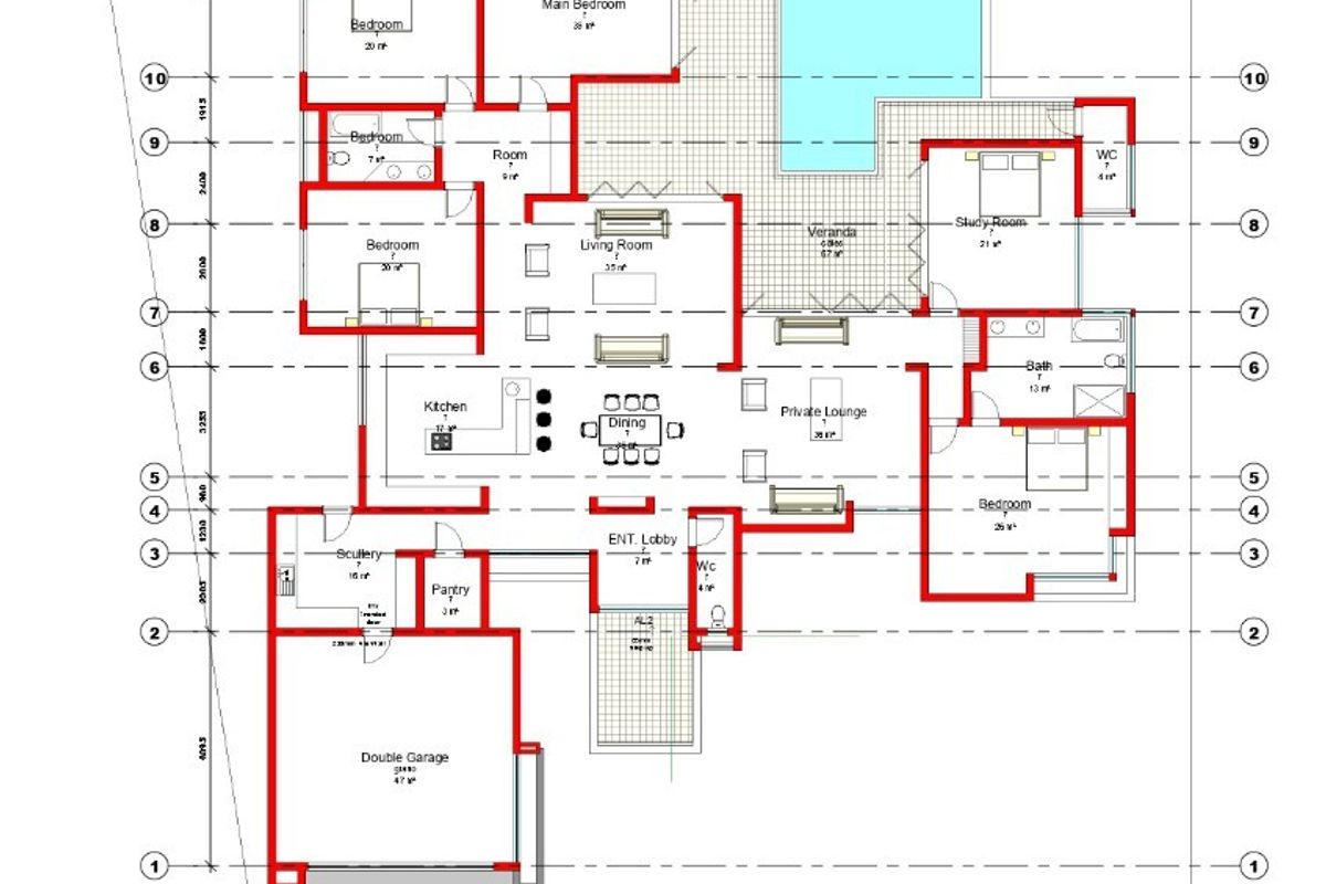 Architectural floor plan showing the layout of a residential property including bedrooms, living areas, kitchen, garage, and pool.