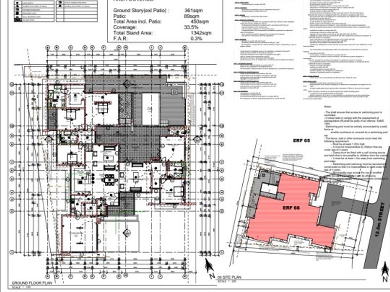 Architectural ground floor plan and site plan for the residential property, detailing layout, coverage, and site dimensions.