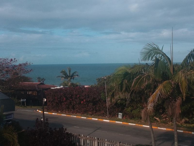 A scenic elevated view overlooking the coastal road, lush vegetation, and the ocean horizon.