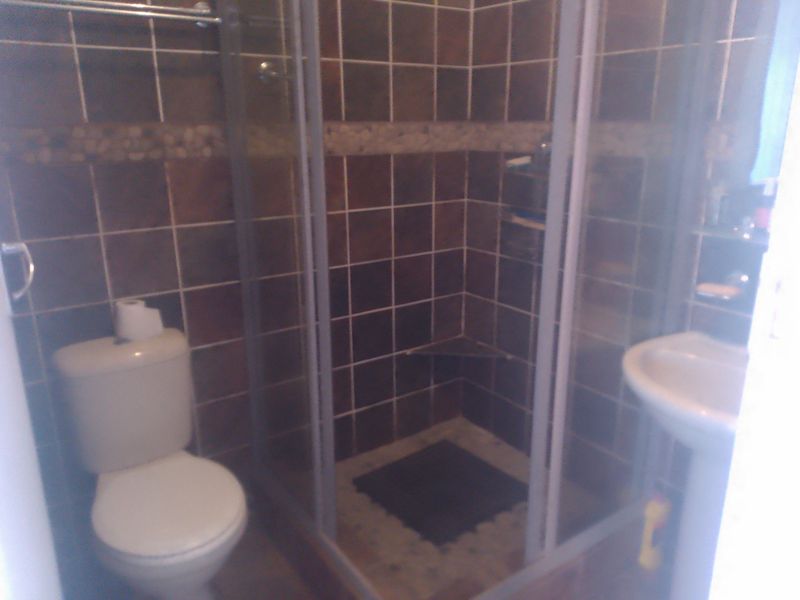 A compact bathroom featuring a shower enclosure, pedestal basin, and toilet with dark tiled wall finishes.