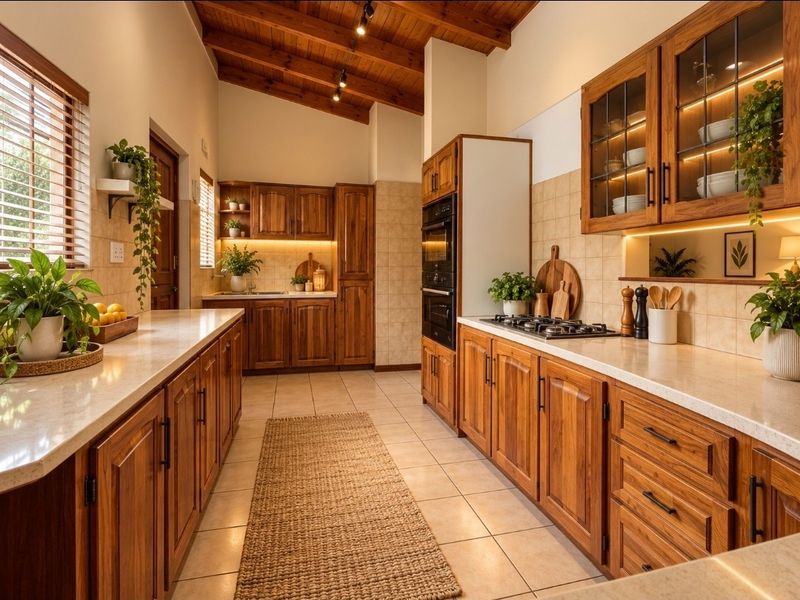 A well-maintained kitchen featuring warm timber cabinetry, stone countertops, built-in appliances, and an exposed timber beam ceiling with integrated lighting.