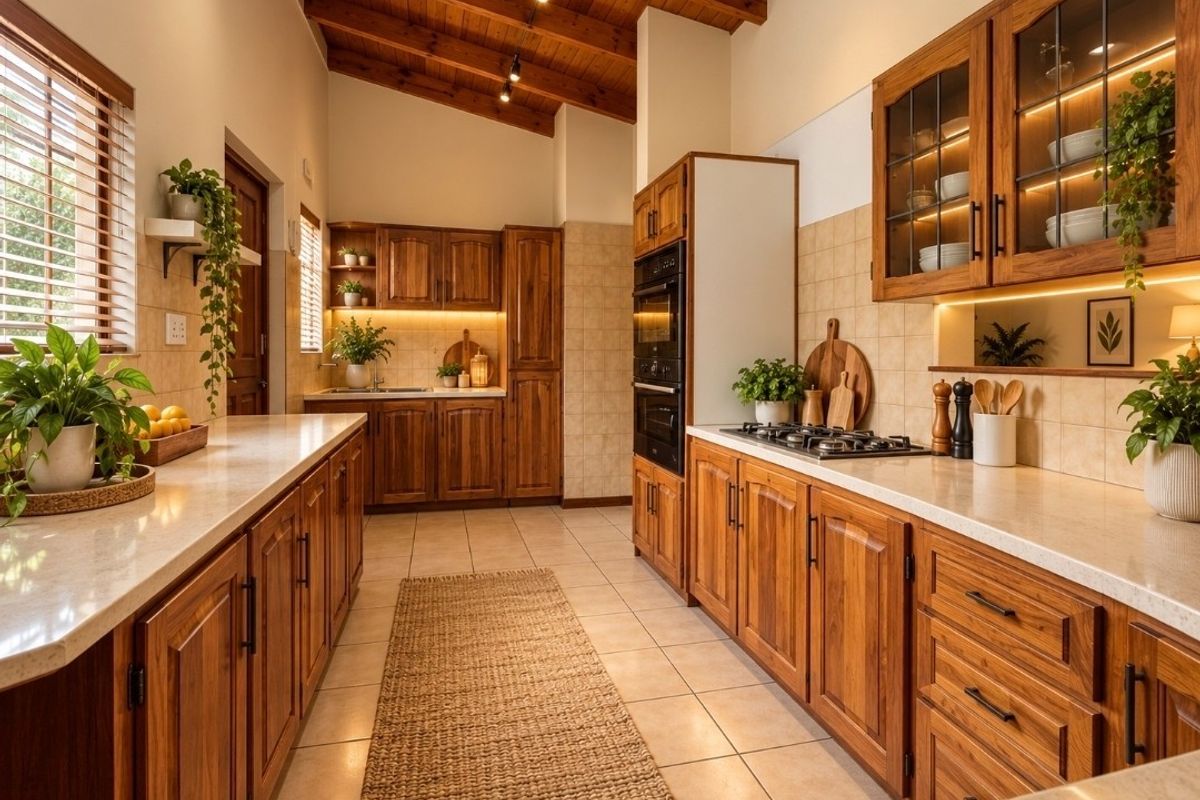 A well-maintained kitchen featuring warm timber cabinetry, stone countertops, built-in appliances, and an exposed timber beam ceiling with integrated lighting.