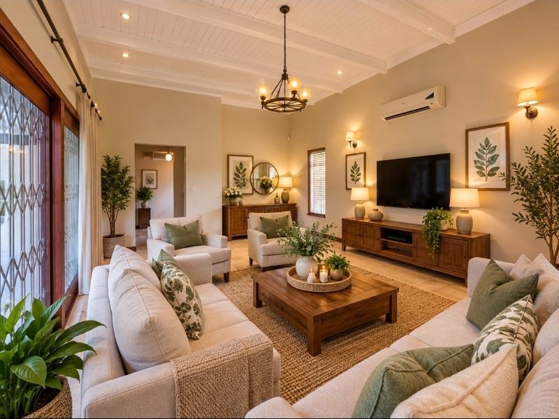 A well-maintained living room featuring a high exposed beam ceiling, recessed lighting, tiled floors, and a split system air conditioner.