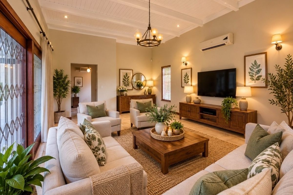 A well-maintained living room featuring a high exposed beam ceiling, recessed lighting, tiled floors, and a split system air conditioner.