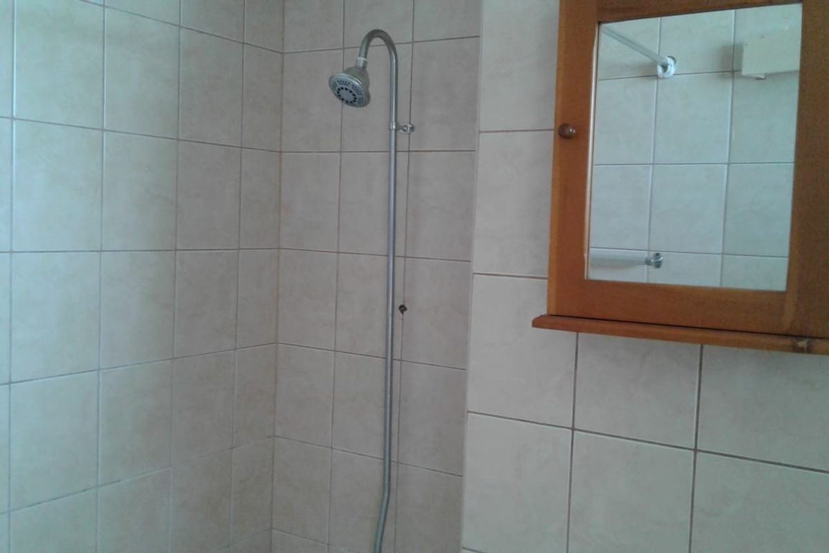 A functional bathroom shower area featuring neutral wall tiling and a wooden medicine cabinet.