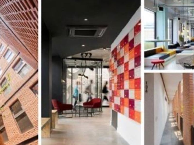 A collage of various commercial interior and exterior spaces featuring brick architecture, modern office common areas, and hallways.