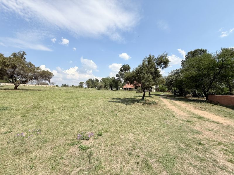 Expansive open farm land featuring a dirt access track and mature trees, offering a peaceful rural setting.