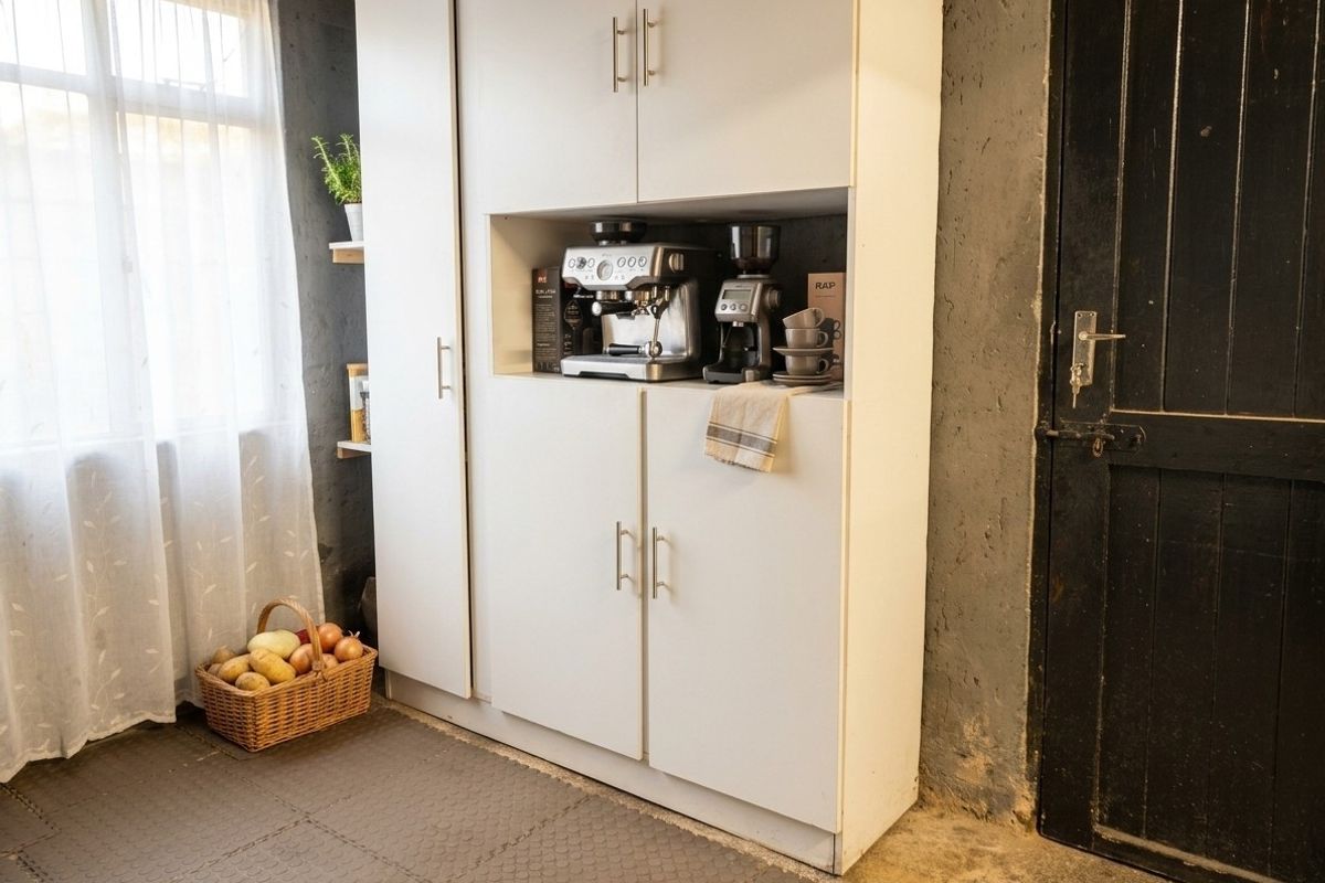A functional kitchen area featuring built-in white cabinetry with a dedicated coffee station, set against a rustic wall finish and concrete flooring.