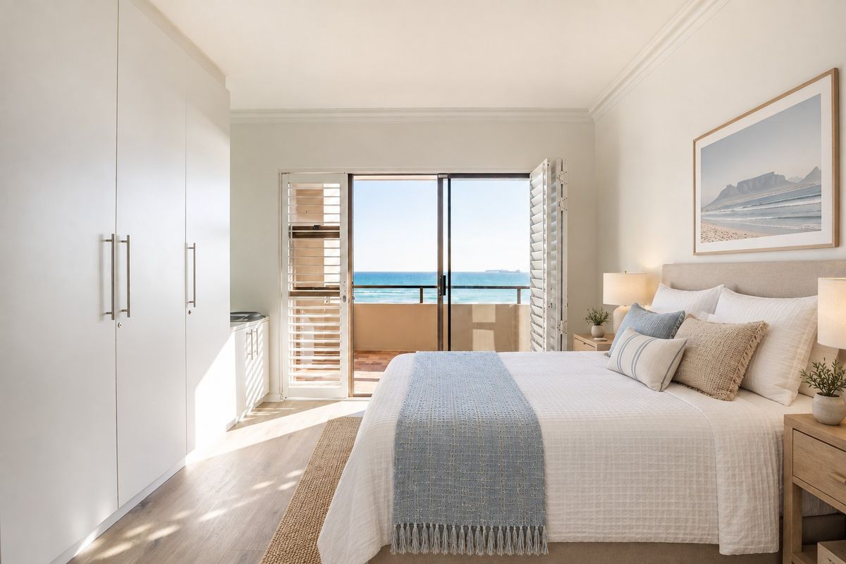 Bright bedroom featuring built-in cupboards, laminate flooring, and sliding glass doors opening to a balcony with ocean views.