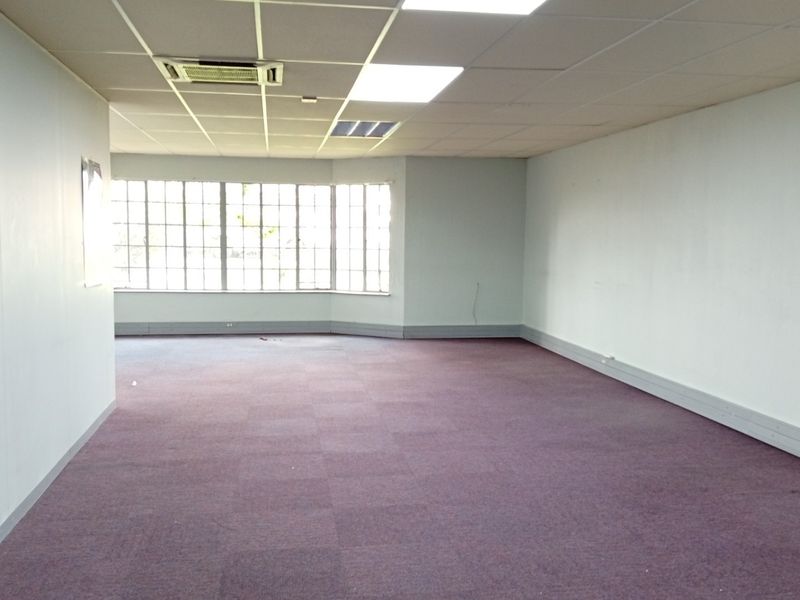 An empty, open-plan office space featuring a suspended ceiling with recessed lighting, ducted air conditioning, and large grid windows.