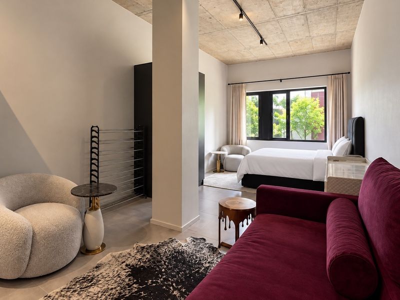 Modern bedroom featuring an exposed concrete ceiling, track lighting, and tiled flooring, creating a contemporary and well-maintained living space.