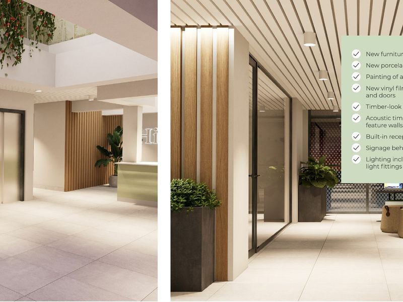 Modern commercial lobby featuring a built-in reception counter, elevator access, porcelain tiling, and contemporary timber-look wall and ceiling finishes.