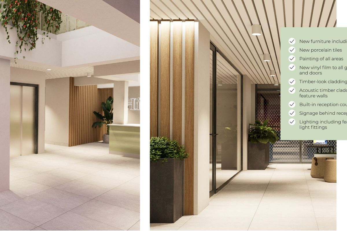 Modern commercial lobby featuring a built-in reception counter, elevator access, porcelain tiling, and contemporary timber-look wall and ceiling finishes.