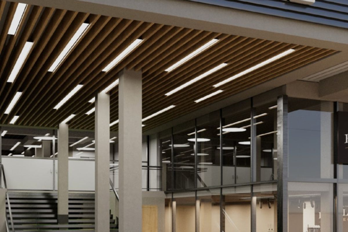 Modern commercial building entrance featuring a slatted timber ceiling, recessed lighting, and a prominent glass facade with a staircase.