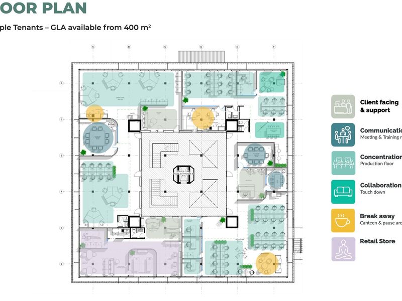 Architectural floor plan showing a commercial office layout with a central service core, multiple workspaces, and designated client-facing and collaboration zones.