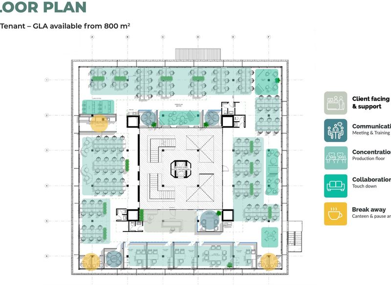 A detailed commercial floor plan showing an open-plan office layout with a central service core, meeting rooms, and break-away areas.