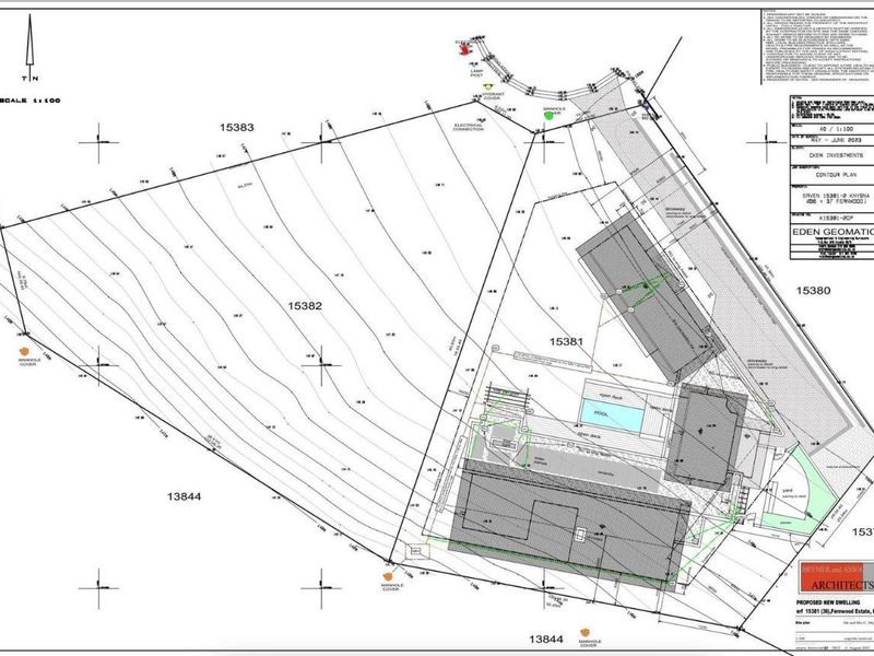 A detailed site and contour plan for the proposed residential dwelling, including property boundaries, driveway access, and pool placement.