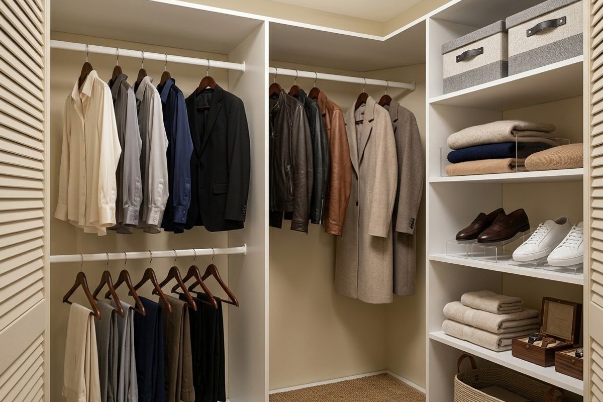 A well-organized walk-in closet featuring custom built-in shelving, hanging rails, and louvered doors for efficient storage.
