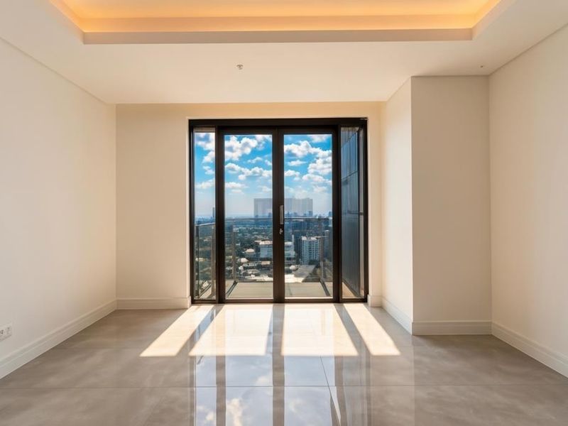 A bright, modern, and empty living area featuring polished porcelain tiles, recessed ceiling lighting, and large glass doors opening to a balcony with city views.