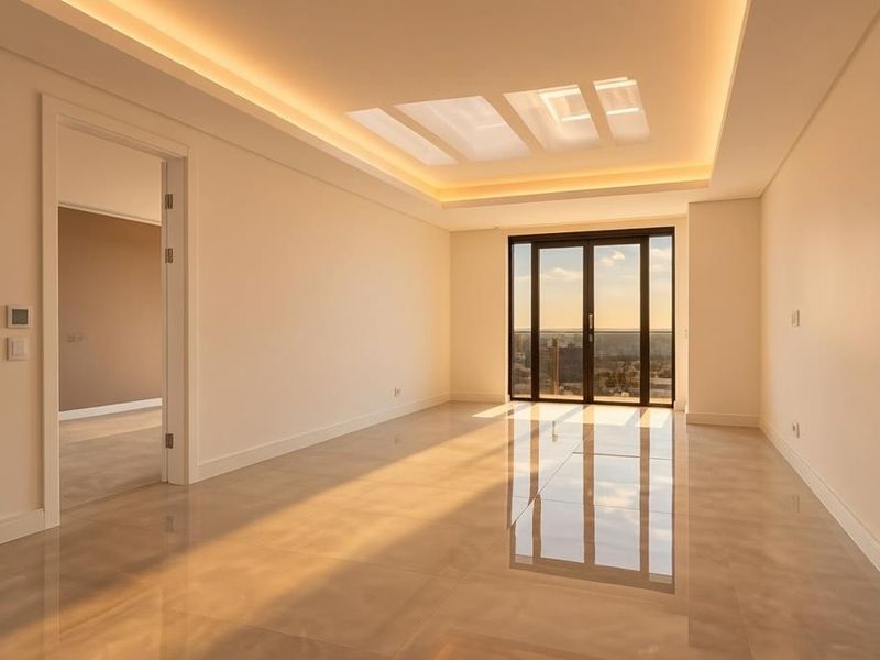 A bright, modern, and empty living room featuring polished large-format floor tiles, recessed cove lighting, a skylight, and sliding glass doors leading to a balcony.