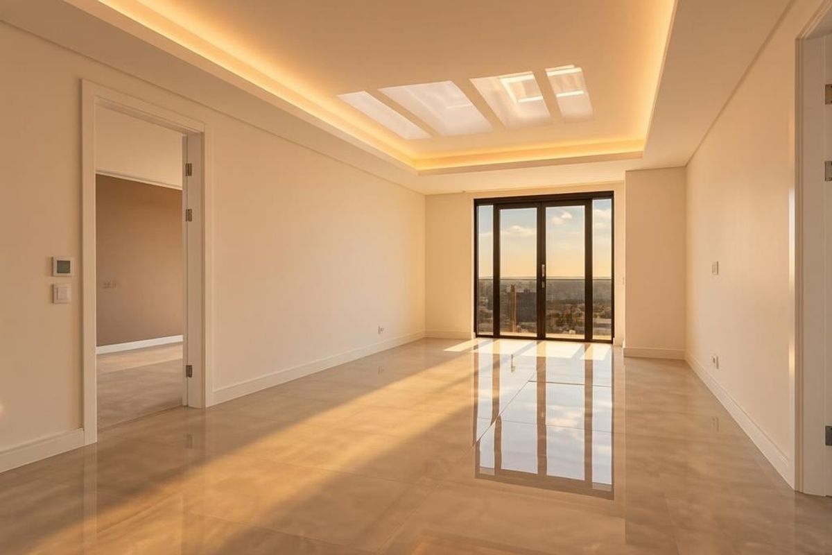 A bright, modern, and empty living room featuring polished large-format floor tiles, recessed cove lighting, a skylight, and sliding glass doors leading to a balcony.