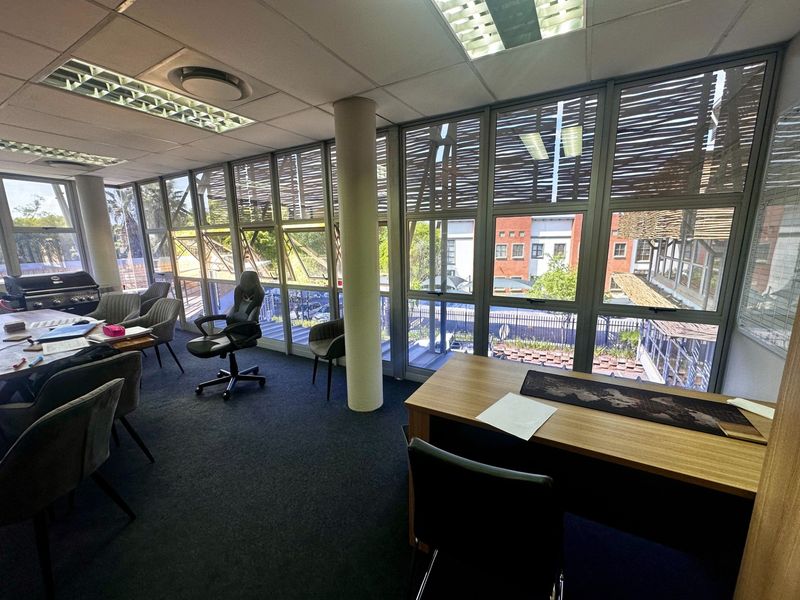 A bright office space featuring large aluminium-framed windows, suspended ceilings with recessed lighting, and carpeted flooring, offering a professional work environment.