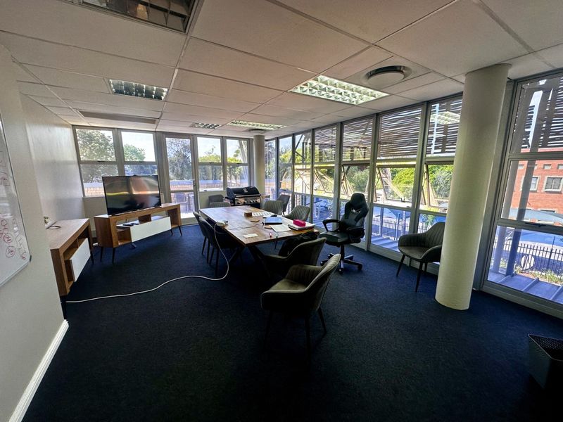 A spacious office area featuring large windows providing natural light, suspended ceilings, and carpeted flooring, suitable for a professional workspace.
