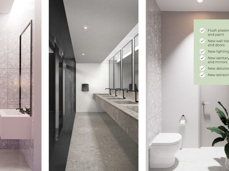 Modern commercial bathroom featuring high-end finishes, including stone-look wall tiles, wall-mounted vanities, integrated mirrors, and contemporary sanitary fittings with professional lighting.